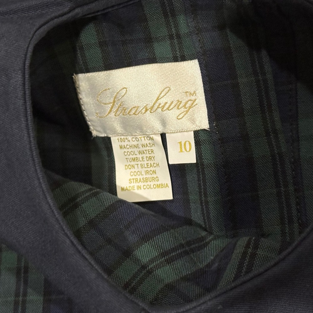 Strasburg Girls Green Navy Plaid Embroidered Peter Pan Collar Dress 10 - Picture 4 of 6